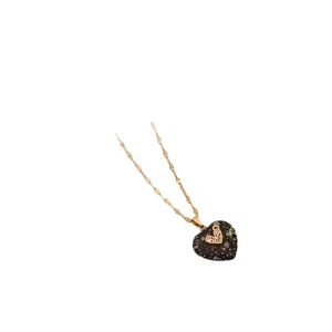 Golden titanium steel necklace featuring a heart-shaped natural stone pendant with pink gem