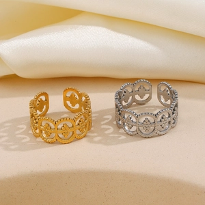 Stainless Steel Hollow Clover Ring Geometric Adjustable Open Band French Retro Bohemian Style Fashion Jewelry For Women