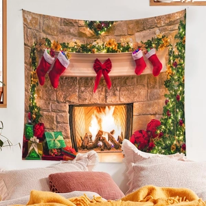 Detail of a Christmas tree tapestry with fireplace and socks in a cozy bedroom setting