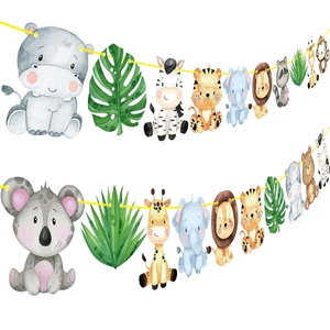 Jungle safari wildlife party banner with colorful cartoon animal cutouts on white background