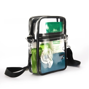 Close-up of clear PVC crossbody bag showing internal storage for phone and cosmetics