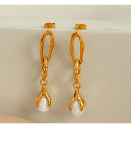 Close-up of elegant 18K gold chain drop earrings featuring a white pearl drop detail