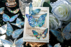 Macro detail of laser gold foil butterfly stickers with iridescent PET material texture