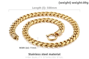 Macro shot of 11mm gold Cuban link chain showing 500mm length and 89g weight specs