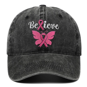 Dark gray washed denim baseball cap with pink ribbon Believe embroidery for breast cancer awareness