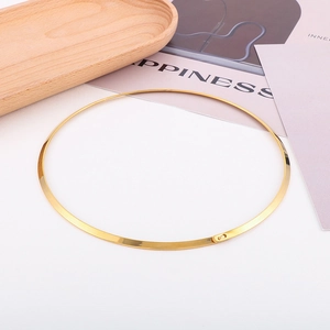 Close-up of golden stainless steel flat collar necklace with sleek clasp on a wooden tray