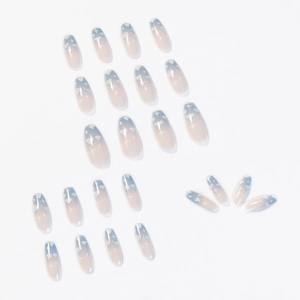 Blue and white gradient press-on nails with cloud and star patterns, long coffin shape