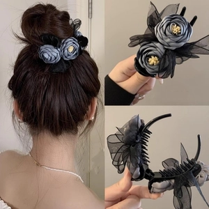 Elegant Fabric Rose Flower Hair Claw Clip With Lace Mesh Bow Korean Style Bun Hair Styling Tool For Women