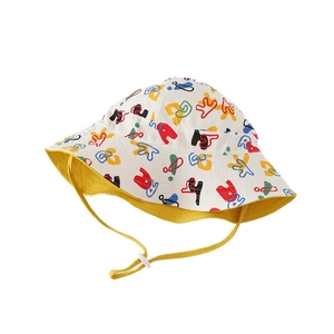 Kids reversible colorful graffiti bucket hat with adjustable yellow chin strap for sun protection