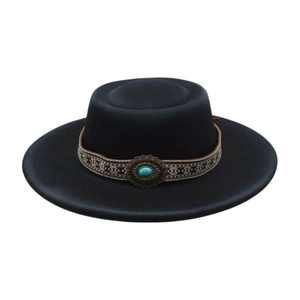 Detail of black wool bolero hat with ethnic woven band and centered turquoise stone