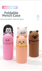 Close-up of animal-shaped silicone pencil cases showing folding design and smooth zippers
