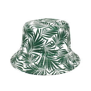 Wide brim bucket hat featuring green tropical palm leaf print on a white canvas background