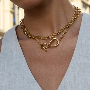 Modern 18K gold-plated stainless steel double-layered knot necklace with an OT clasp style