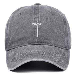 Vintage washed dark grey cotton baseball cap with white PEACE embroidery on front