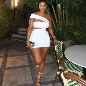 Elegant white one-shoulder mini dress with waist cut-out and bodycon fit for women