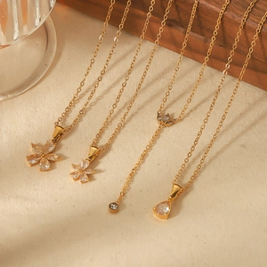 Stainless Steel Necklace 18K Gold Plated Zircon Inlaid Flower Water Drop Pendant Elegant Fashion Jewelry Women