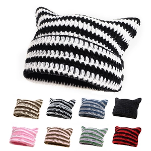 Handmade crochet knit cat ear beanie in various striped and solid color options