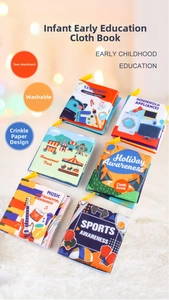 Set of 6 soft baby crinkle books featuring educational themes like music and sports
