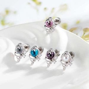 Conch sea shell ear studs with micro-set zircon and colorful pearls in silver finish