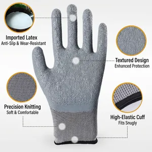 Industrial protective latex gloves with wrinkled anti-slip palms and knit cuffs