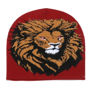 Dark red knit beanie featuring a detailed lion head pattern for a trendy autumn look