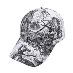 Detail of white baseball cap featuring vintage black Toile de Jouy nature landscape patterns