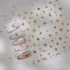 3D star and heart nail art stickers with colorful gems and metallic gold finish