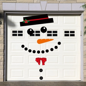 Detailed view of DIY Christmas snowman garage door stickers with carrot nose and bow tie