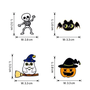 Halloween enamel pins set featuring cartoon ghost, cat and pumpkin with dimensions and weights
