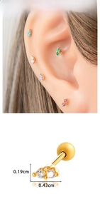 Macro view of colorful marquise stainless steel cartilage studs and sizing details