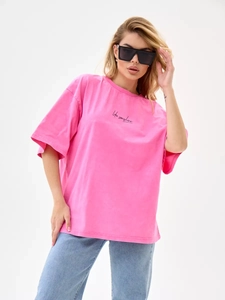 Vintage Oversize T-Shirt in Rosarot mit Sunshine-Aufdruck und Rundhals-Ausschnitt