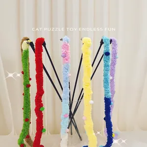 Interactive Cat Teaser Wand Toy Long Plush Caterpillar With Bell And Colorful Pom Poms For Indoor Cats Kittens