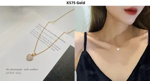 Close-up of gold heart pendant with cubic zirconia stones and model wearing necklace