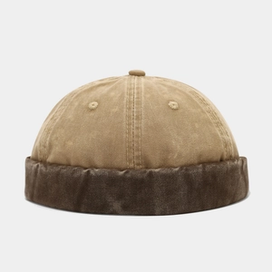 Retro washed cotton docker hat in khaki and brown with vintage patchwork design