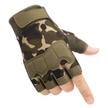 Detail of camouflage tactical half-finger gloves with reinforced knuckles and secure fit