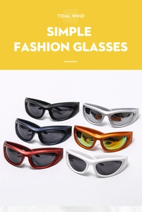 Detailed view of six colorful Y2K sporty sunglasses featuring streamlined wrap-around frames