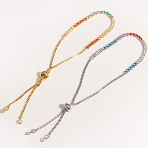 Rainbow gemstone adjustable bracelet with colorful zircons in gold and silver finish
