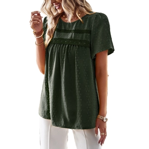 Short sleeve dark green textured blouse with lace detail and round neck for women
