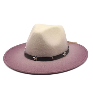 Gradient wool fedora hat with wide brim and studded black leather band accessory