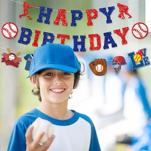 Baseball themed birthday party decorations with red and blue glitter happy birthday banner