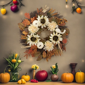 Autumn White Pumpkin Wreath Sunflower Maple Leaf Swag Artificial Thanksgiving Harvest Front Door Decor Handcrafted