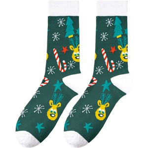 Detail of dark green Christmas crew socks with reindeer, trees, and candy cane patterns