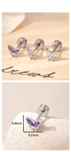 Macro view of mini zircon butterfly cartilage stud earrings with screw back design