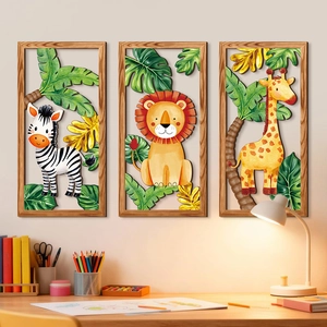 Lot de 3 décorations murales en bois avec zèbre, lion et girafe pour chambre d'enfant