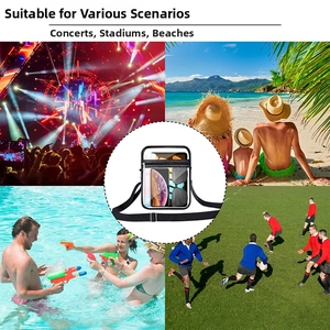 Clear PVC crossbody bag showing storage capacity for phone and sunglasses in four scenarios