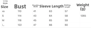 Detailed size chart for women's padded ski jacket including bust and length measurements