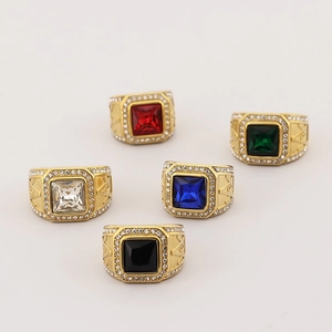 Men's gold-plated stainless steel rings with square gemstones in five colors and side diamonds