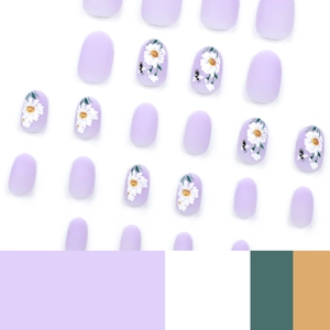 Short purple press-on nails with daisy and honeybee patterns in a matte finish