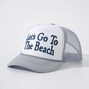Adjustable gray and white trucker hat with Let's Go To The Beach blue embroidery
