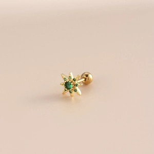 Golden octagonal star stud earrings with green zircon center and screw back closure